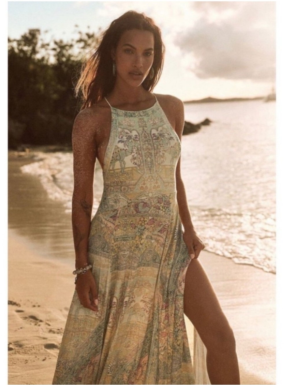 Free People Joelle Pastel Boho Halter Maxi Dress lace up backless
